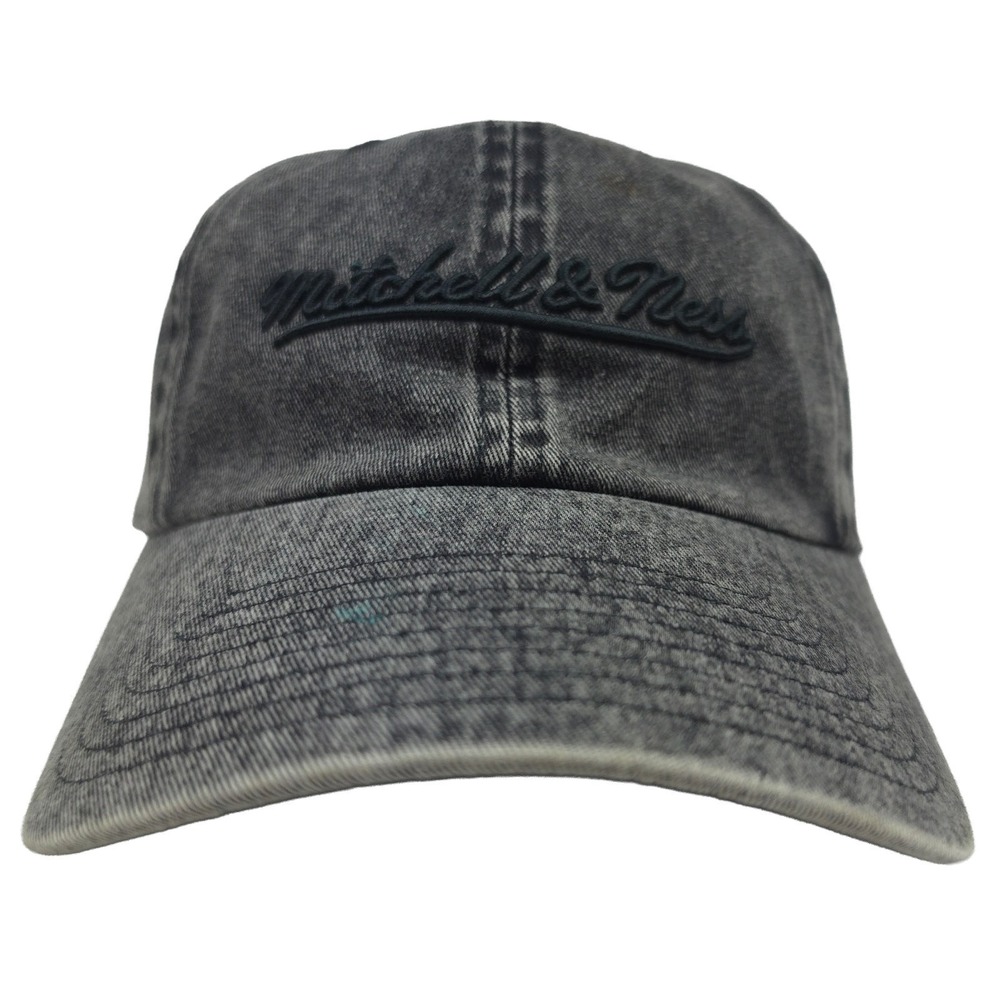 Mitchell‎ & Ness Dad Hat Cap Brand Script 3D Logo Black Acid Washed Fabric New